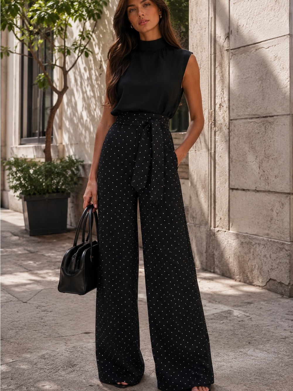 COMMENSE Polka Dot Tie-Neck Top & Wide-Leg Pants Set